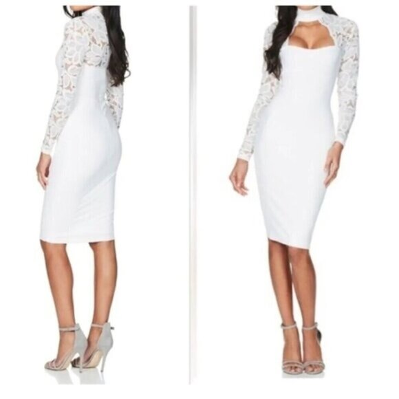 NOOKIE LADY LACE Midi Sheath Simple Wedding Dress SMALL In White Long Sleeve - Picture 1 of 11